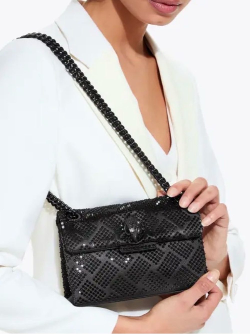 Kurt Geiger Black Mini Crystal Kensington Sequined Quilted Bag with Chain Strap